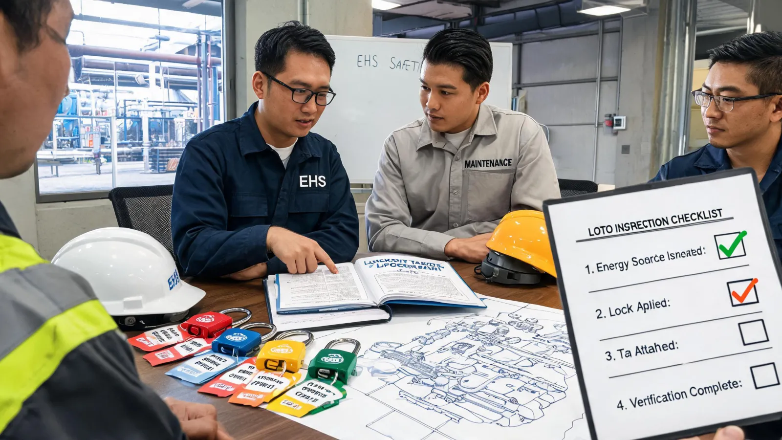 Maintenance team reviewing lockout program materials