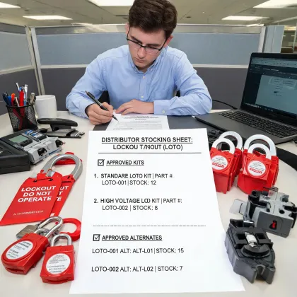 MRO buyer reviewing distributor stocking sheet