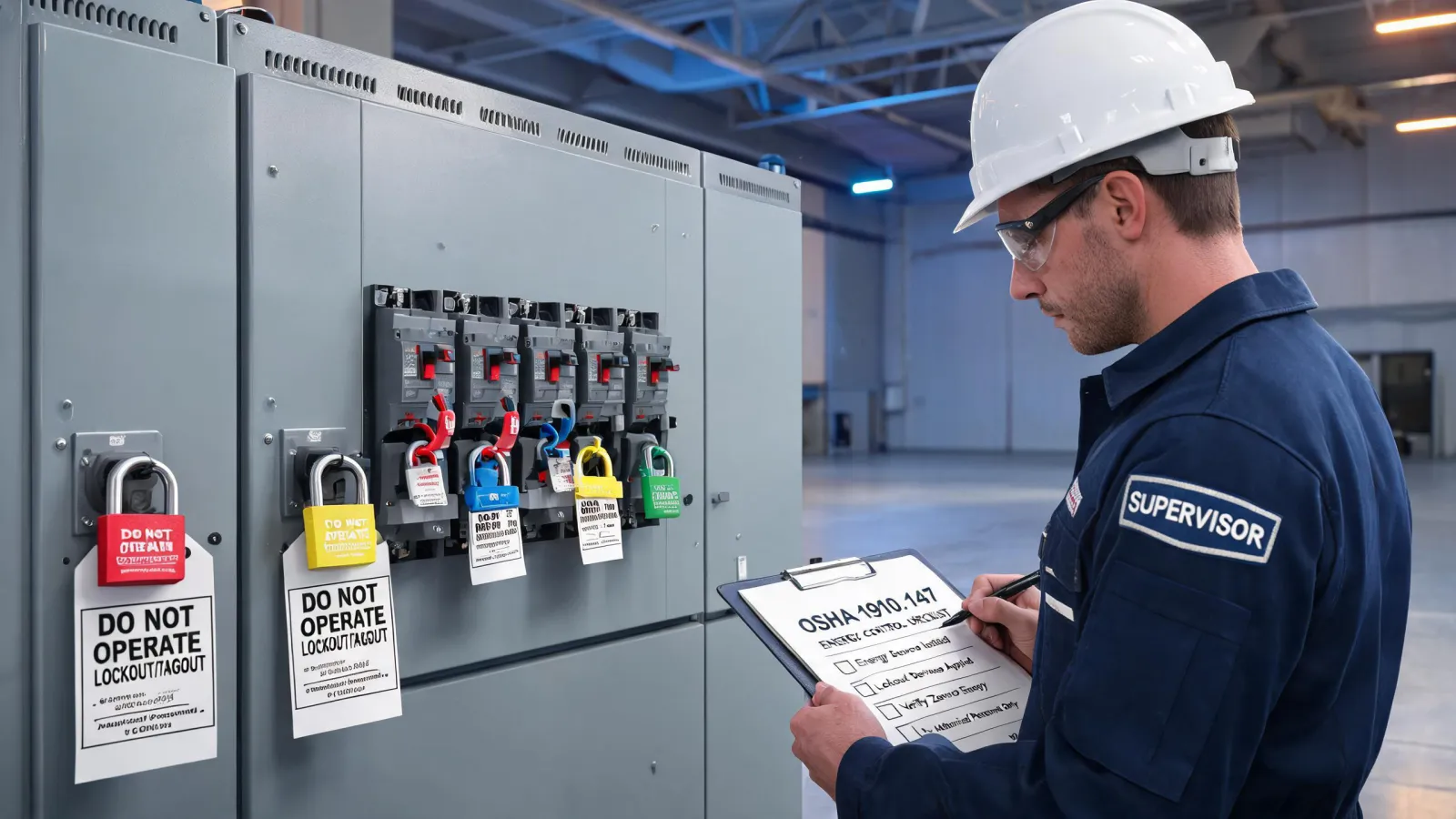 Lockout tagout padlocks staged for maintenance shutdown