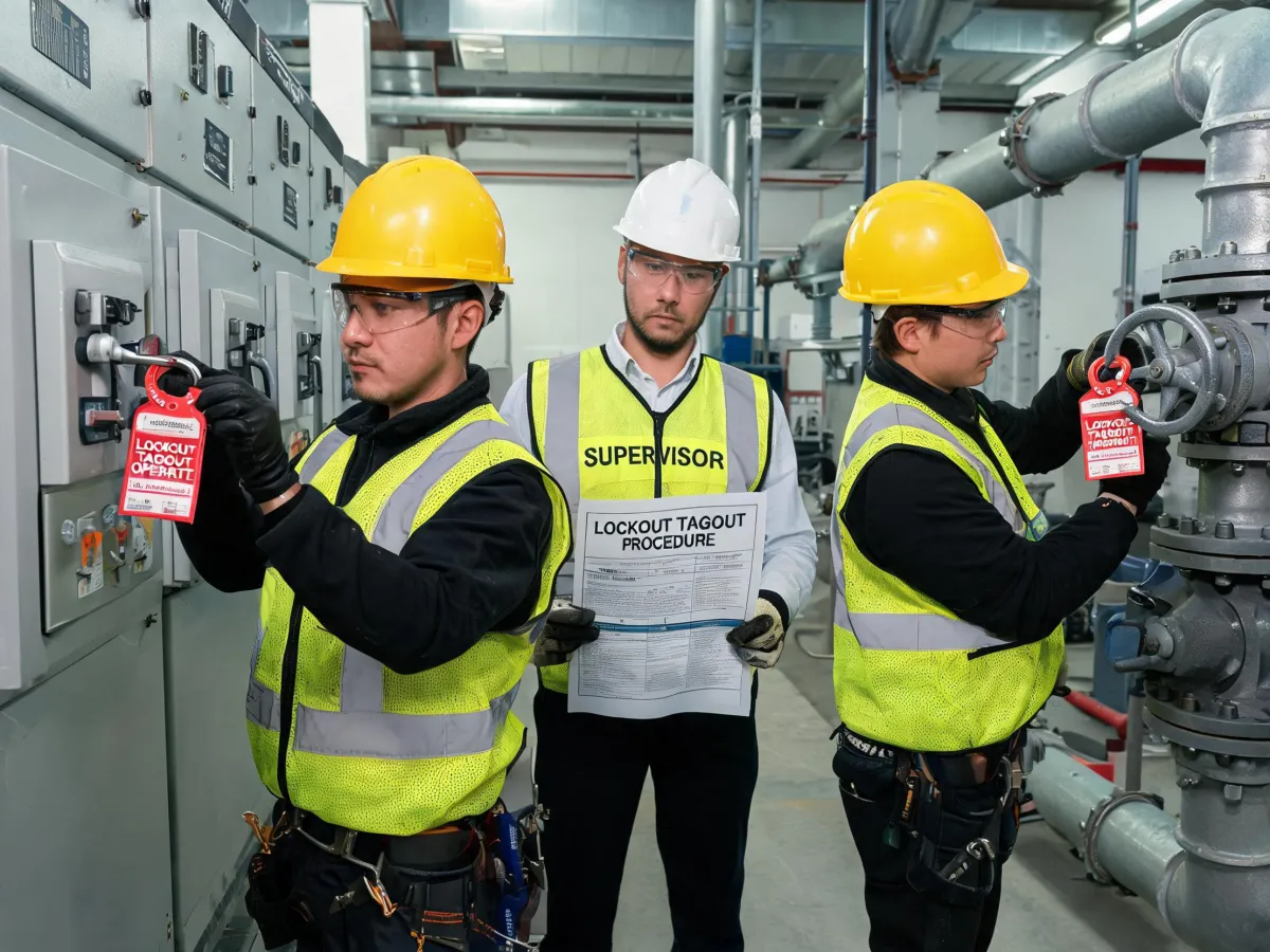 Industrial crew using lockout devices before maintenance