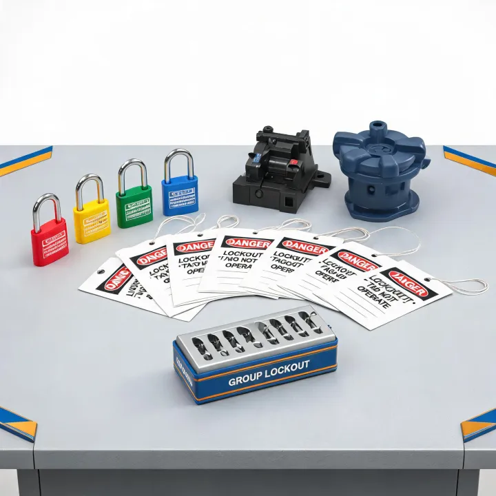 Safety padlocks and lockout devices on catalog table